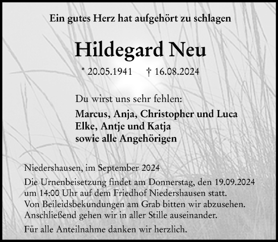 Traueranzeige von Hildegard Neu von Weilburger Tageblatt