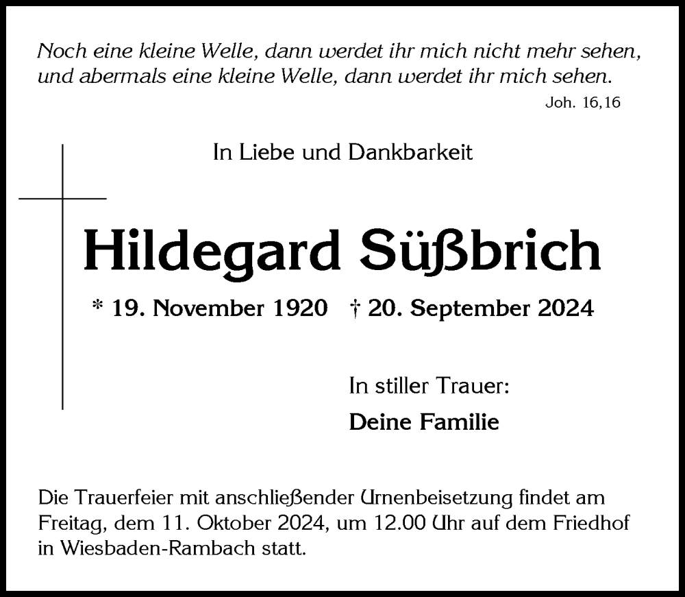  Traueranzeige für Hildegard Süßbrich vom 28.09.2024 aus Wiesbadener Kurier