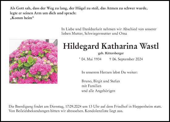 Traueranzeige von Hildegard Katharina Wastl von Starkenburger Echo