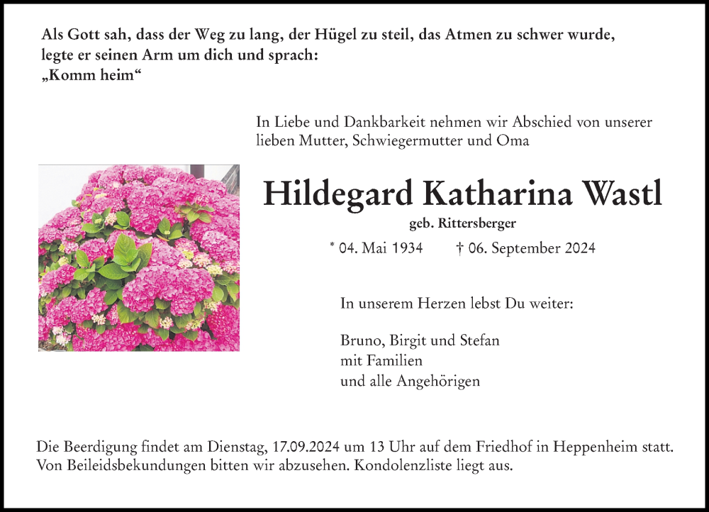  Traueranzeige für Hildegard Katharina Wastl vom 14.09.2024 aus Starkenburger Echo