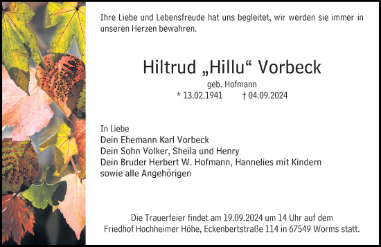 Traueranzeige von Hiltrud Vorbeck von Wormser Zeitung