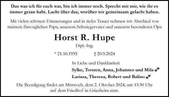 Traueranzeige von Horst Hupe von Darmstädter Echo