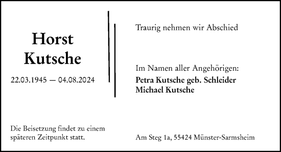 Traueranzeige von Horst Kutsche von Binger-/Ingelheimer Wochenblatt