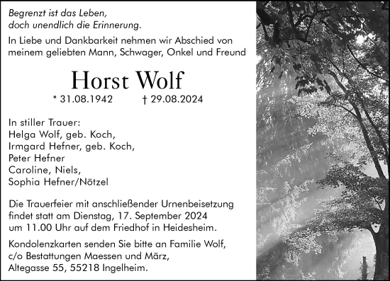 Traueranzeige von Horst Wolf von Allgemeine Zeitung Mainz