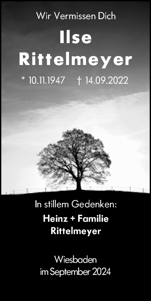  Traueranzeige für Ilse Rittelmeyer vom 14.09.2024 aus Wiesbadener Kurier