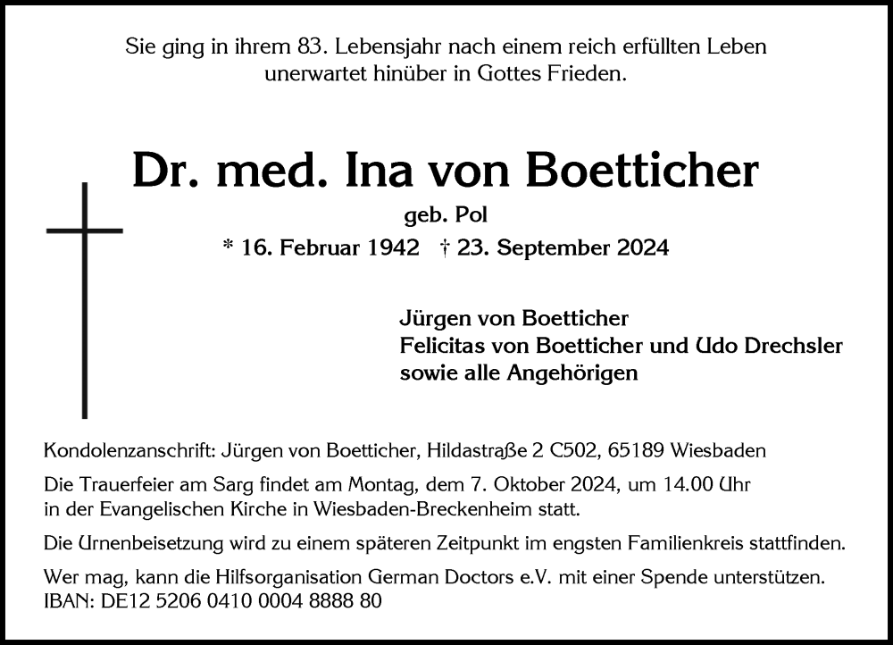  Traueranzeige für Ina von Boetticher vom 28.09.2024 aus Wiesbadener Kurier