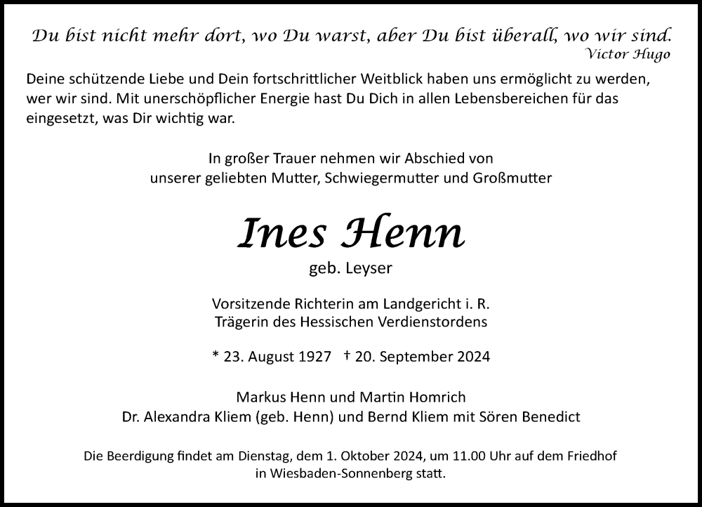  Traueranzeige für Ines Henn vom 28.09.2024 aus Wiesbadener Kurier