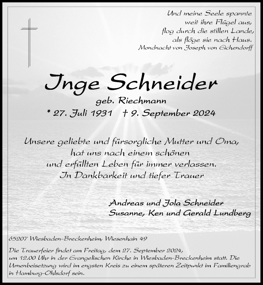 Traueranzeige für Inge Schneider vom 21.09.2024 aus Wiesbadener Kurier