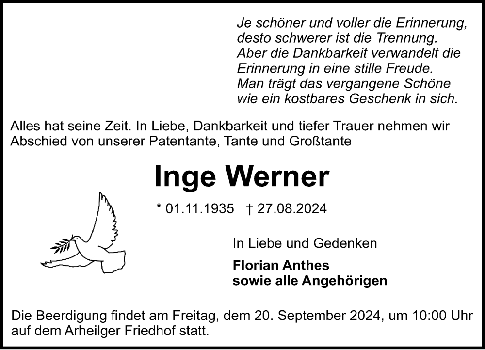  Traueranzeige für Inge Werner vom 14.09.2024 aus Darmstädter Echo