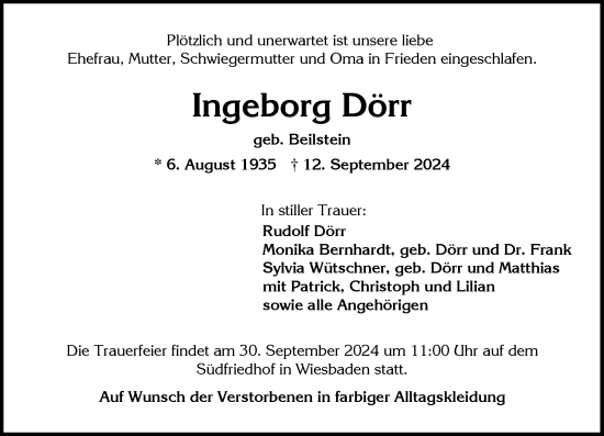 Traueranzeige von Ingeborg Dörr von Wiesbadener Kurier