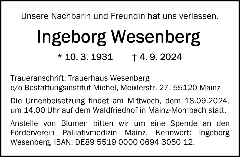 Traueranzeige für Ingeborg Wesenberg vom 14.09.2024 aus Allgemeine Zeitung Mainz