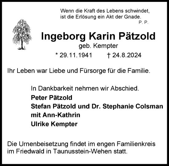 Traueranzeige von Ingeborg Karin Pätzold von Idsteiner Land/Untertaunus