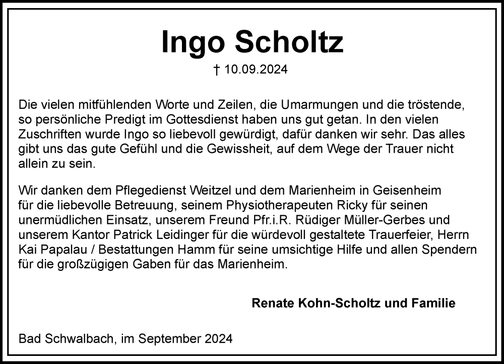  Traueranzeige für Ingo Scholtz vom 28.09.2024 aus Wiesbadener Kurier