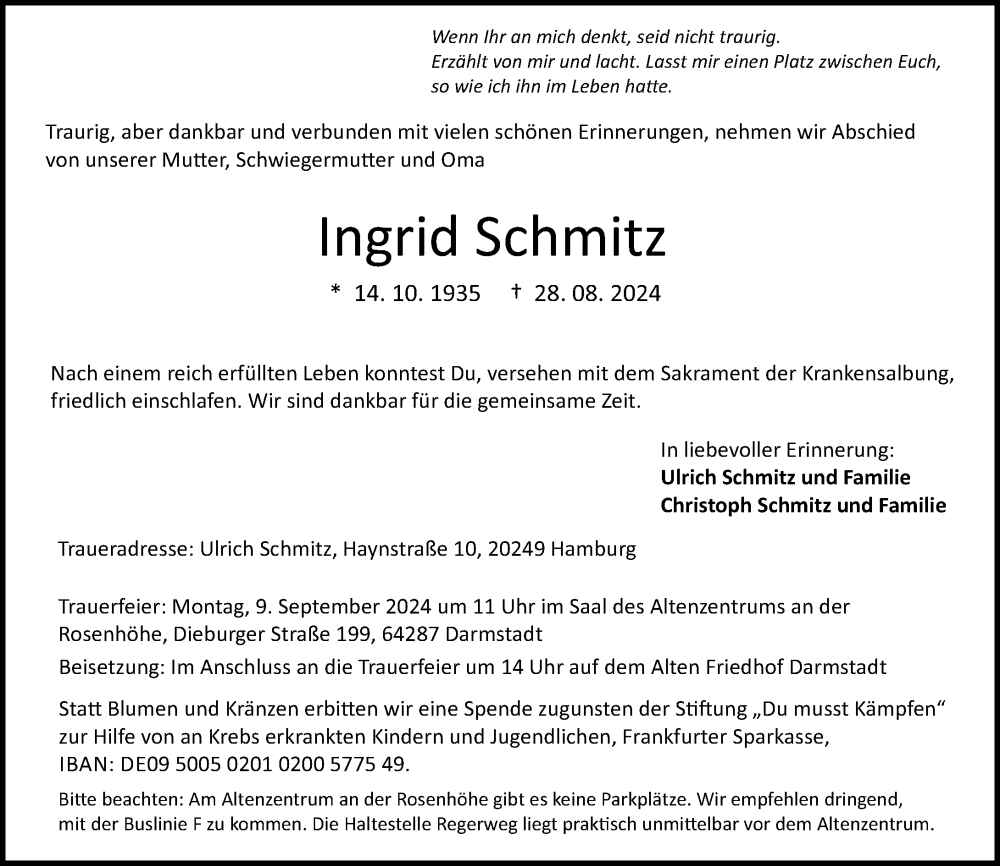  Traueranzeige für Ingrid Schmitz vom 07.09.2024 aus Darmstädter Echo