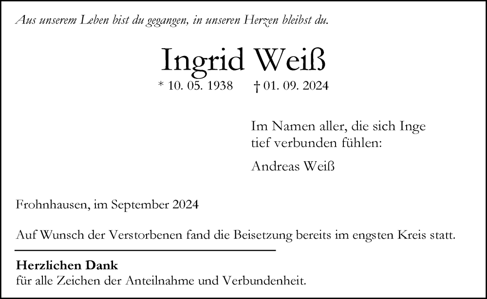  Traueranzeige für Ingrid Weiß vom 28.09.2024 aus Dill Block