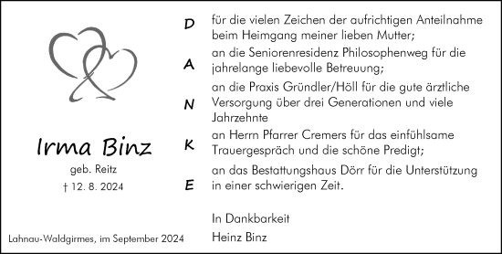 Traueranzeige von Irma Binz von Wetzlarer Neue Zeitung