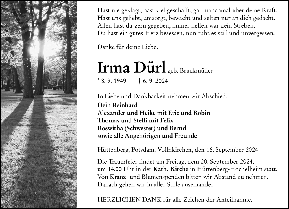  Traueranzeige für Irma Dürl vom 16.09.2024 aus Wetzlarer Neue Zeitung