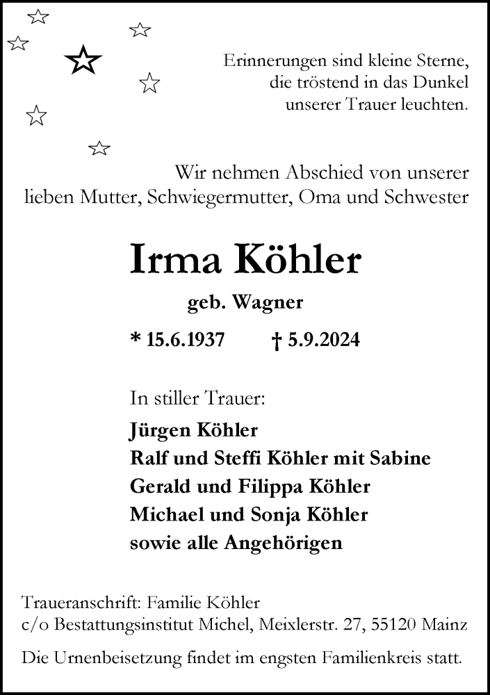  Traueranzeige für Irma Köhler vom 14.09.2024 aus Allgemeine Zeitung Mainz