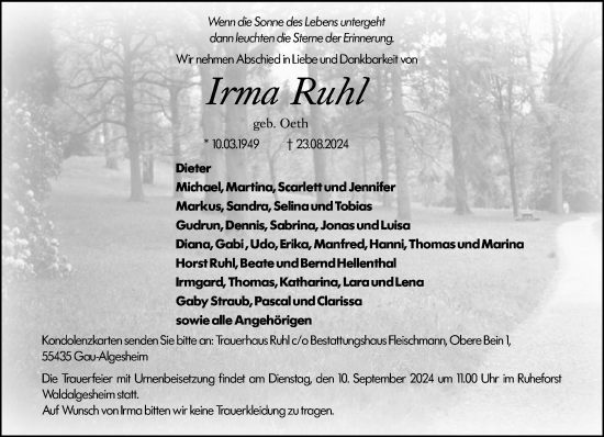 Traueranzeige von Irma Ruhl von Allgemeine Zeitung Rheinhessen-Nahe