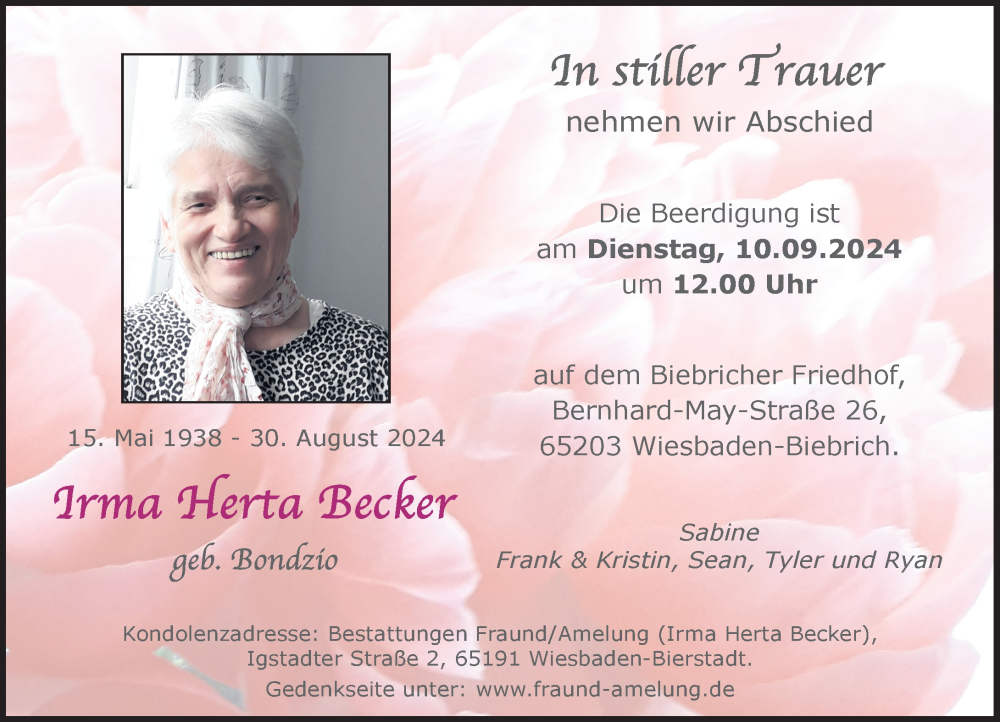  Traueranzeige für Irma Herta Becker vom 07.09.2024 aus Wiesbadener Kurier