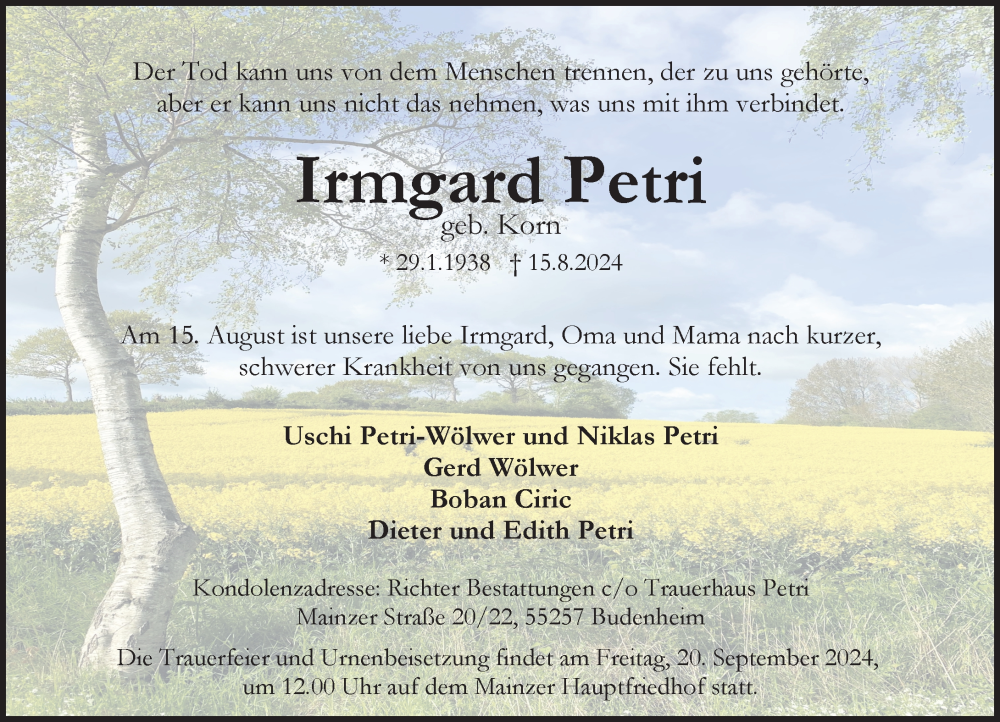  Traueranzeige für Irmgard Petri vom 07.09.2024 aus Allgemeine Zeitung Mainz