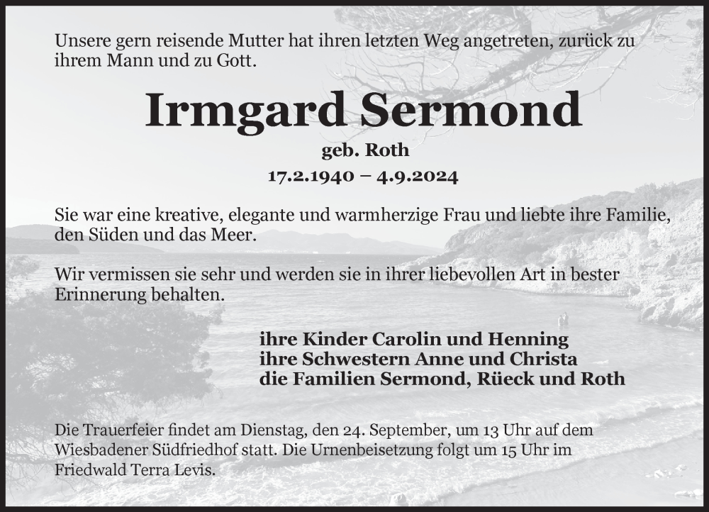  Traueranzeige für Irmgard Sermond vom 14.09.2024 aus Wiesbadener Kurier