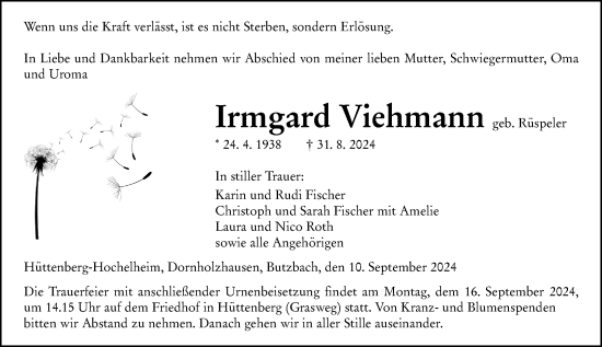 Traueranzeige von Irmgard Viehmann von Wetzlarer Neue Zeitung