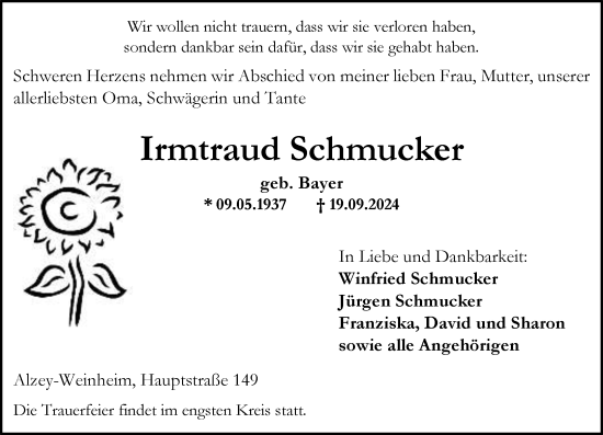 Traueranzeige von Irmtraud Schmucker von Allgemeine Zeitung Alzey