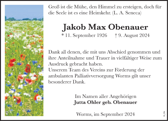 Traueranzeige von Jakob Obenauer von Wormser Zeitung