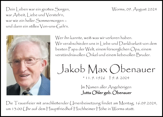 Traueranzeige von Jakob Max Obenauer von Wormser Zeitung