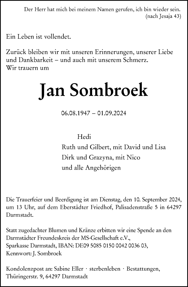  Traueranzeige für Jan Sombroek vom 07.09.2024 aus Darmstädter Echo