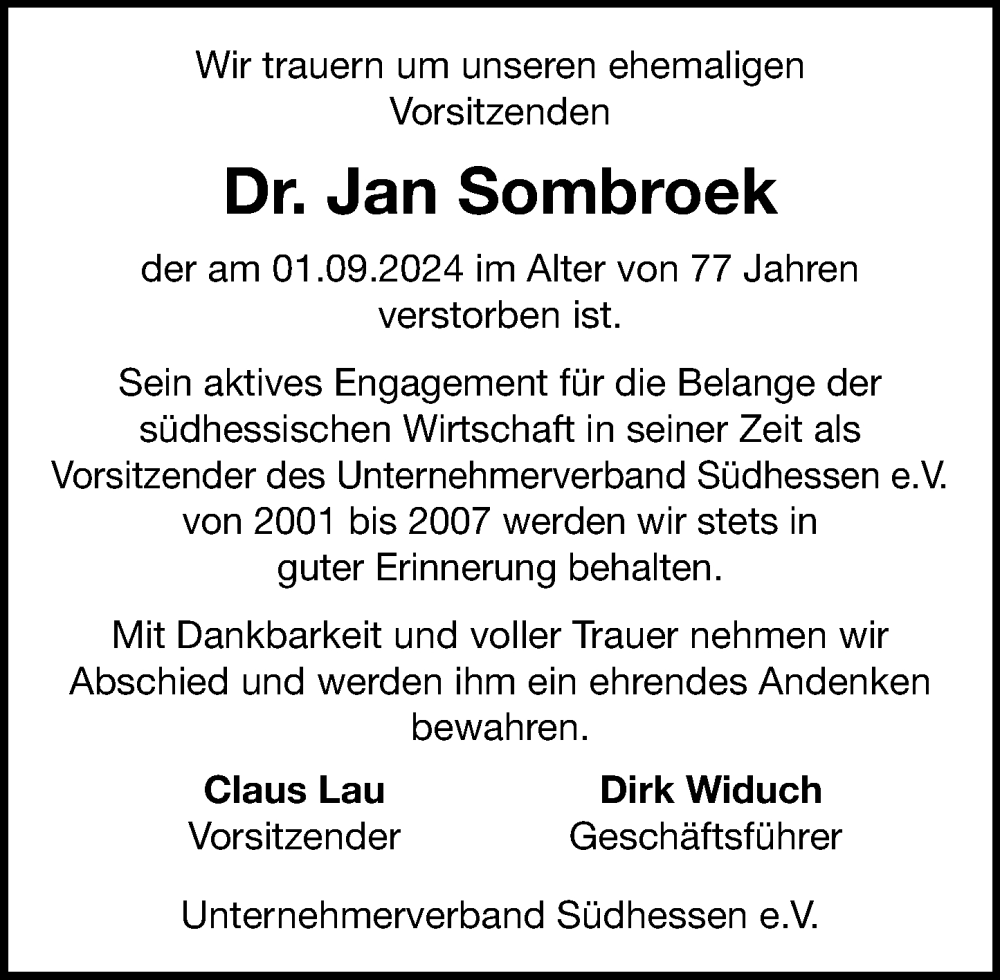  Traueranzeige für Jan Sombroek vom 14.09.2024 aus Darmstädter Echo