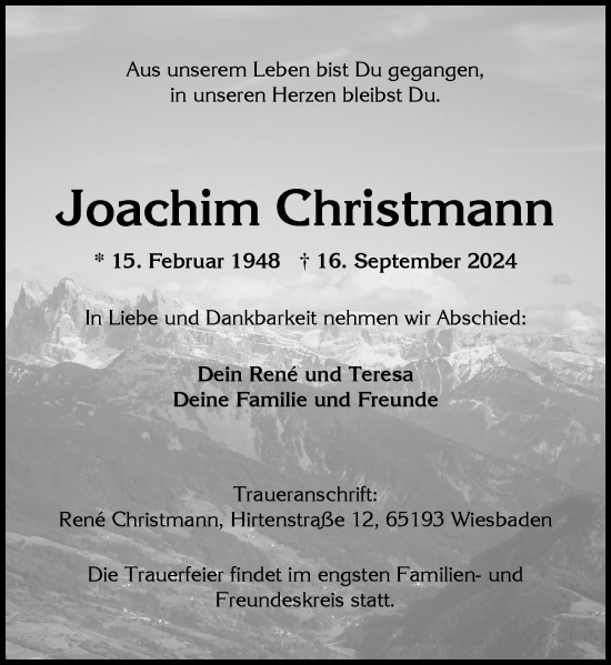 Traueranzeige von Joachim Christmann von Wiesbadener Kurier