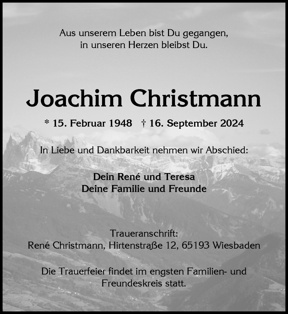  Traueranzeige für Joachim Christmann vom 28.09.2024 aus Wiesbadener Kurier