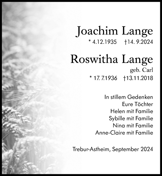 Traueranzeige von Joachim Lange von Rüsselsheimer Echo