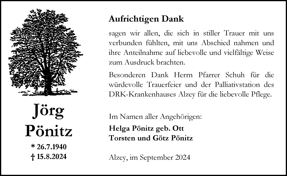  Traueranzeige für Jörg Pönitz vom 07.09.2024 aus Allgemeine Zeitung Alzey
