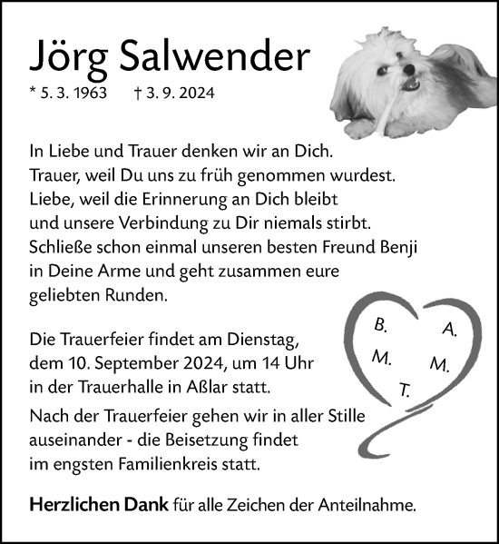 Traueranzeige von Jörg Salwender von Wetzlarer Neue Zeitung