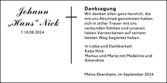 Traueranzeige von Johann Nick von Allgemeine Zeitung Mainz