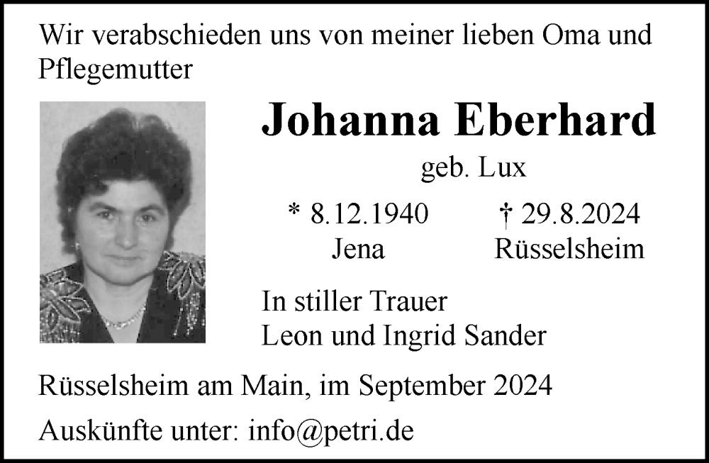  Traueranzeige für Johanna Eberhardt vom 21.09.2024 aus Rüsselsheimer Echo