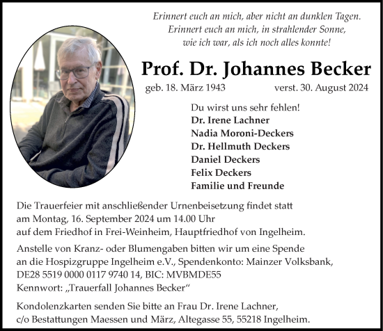 Traueranzeige von Johannes Becker von Allgemeine Zeitung Mainz