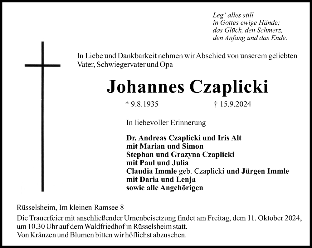  Traueranzeige für Johannes Czaplicki vom 28.09.2024 aus Rüsselsheimer Echo