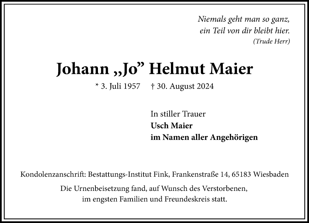  Traueranzeige für Johann Helmut Maier vom 14.09.2024 aus Wiesbadener Kurier