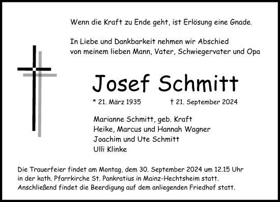 Traueranzeige von Josef Schmitt von Allgemeine Zeitung Mainz