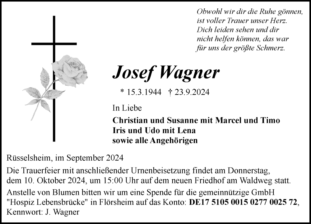  Traueranzeige für Josef Wagner vom 28.09.2024 aus Rüsselsheimer Echo