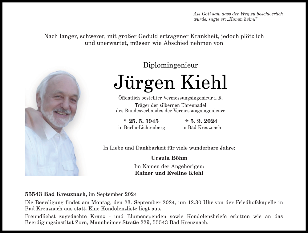  Traueranzeige für Jürgen Kiehl vom 14.09.2024 aus Allgemeine Zeitung Rheinhessen-Nahe