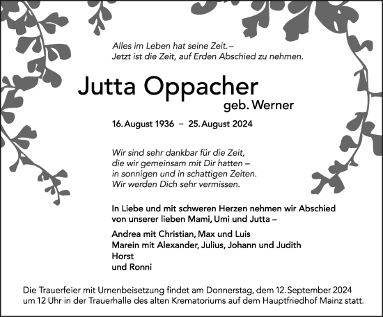 Traueranzeige von Jutta Oppacher von Allgemeine Zeitung Rheinhessen-Nahe