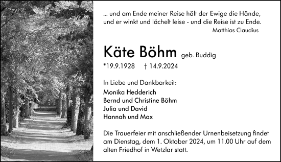 Traueranzeige von Käte Böhm von Wetzlarer Neue Zeitung