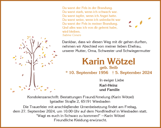 Traueranzeige von Karin Wötzel von Wiesbadener Kurier