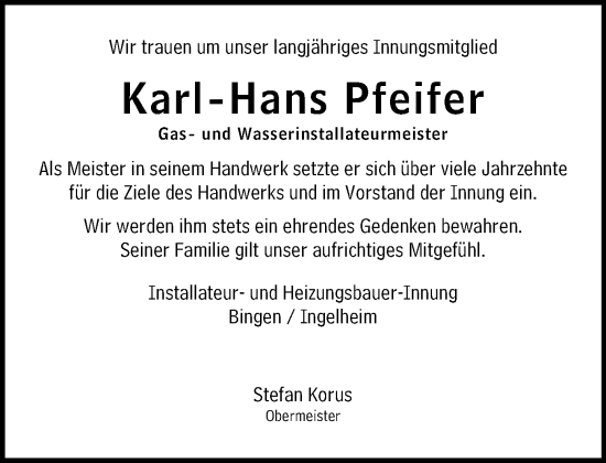 Traueranzeige von Karl-Hans Pfeifer von Allgemeine Zeitung Rheinhessen-Nahe