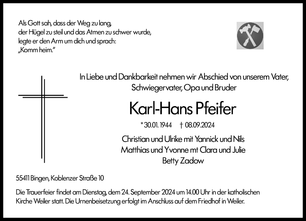  Traueranzeige für Karl-Hans Pfeifer vom 14.09.2024 aus Allgemeine Zeitung Rheinhessen-Nahe